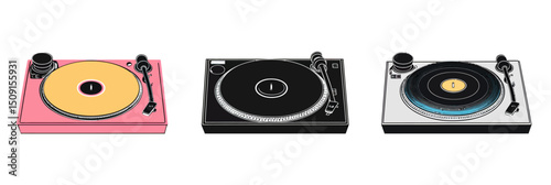 Flat minimalist vector illustration of three turntables with different colors and details on white background, music technology and DJ equipment concept
