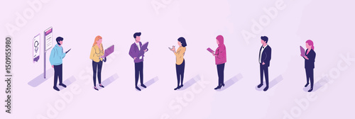 Isometric diverse people standing in line reviewing resumes and digital tablets for job interview recruitment process flat minimalist vector illustration concept