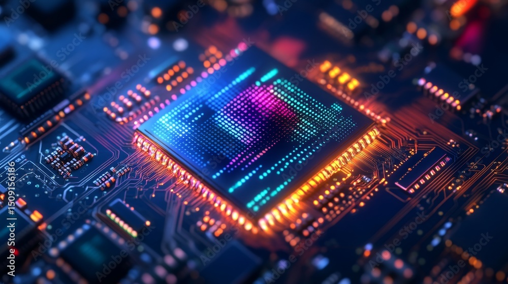 Fototapeta premium Illuminating semiconductor nano device closeup technology lab digital art high-tech environment macro viewpoint semiconductor innovation