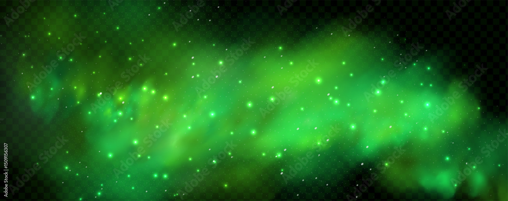 Fototapeta premium Realistic texture of mystical smoke in the background, with green fog swirling and sparkling with glowing particles, as starry neon magic dust shimmers throughout.