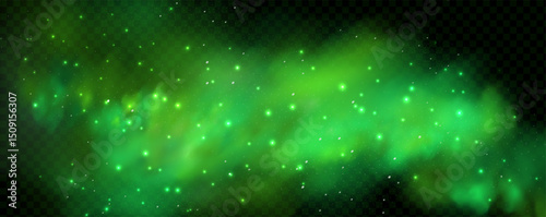 Realistic texture of mystical smoke in the background, with green fog swirling and sparkling with glowing particles, as starry neon magic dust shimmers throughout.