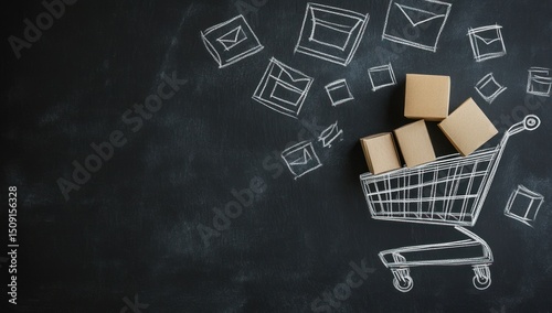 Creative chalkboard drawing of a shopping cart overflowing with cardboard boxes