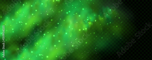 Realistic texture of mystical smoke in the background, with green fog swirling and sparkling with glowing particles, as starry neon magic dust shimmers throughout.