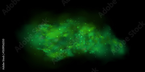 Realistic texture of mystical smoke in the background, with green fog swirling and sparkling with glowing particles, as starry neon magic dust shimmers throughout.