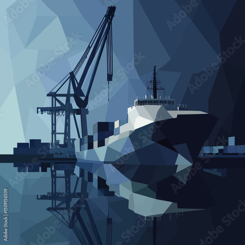 Low poly cargo ship docked at port crane with shipping containers reflected on calm water in dark blue polygonal style digital vector illustration for logistics and transport concept