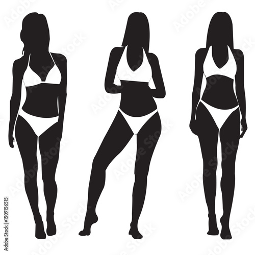 Girls and Women Bikinis, Silhouettes of bikini girls in standing positions. Vector profile of slim woman body.