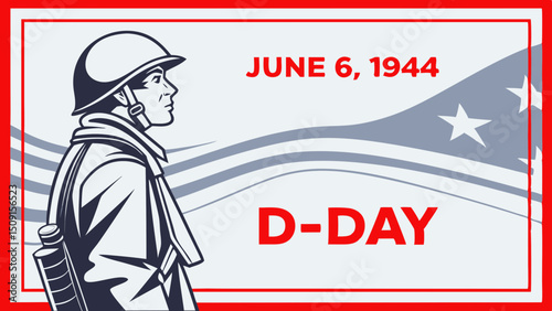 Normandy Landings Memorial Poster with Military Helmet and Stars, D-Day Tribute on June 6, 1944, Generative AI