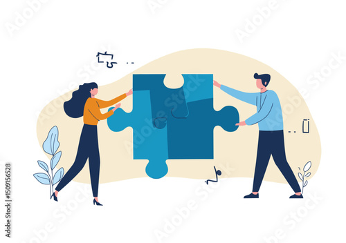 Business man and woman holding large blue puzzle pieces teamwork collaboration partnership problem solving concept flat vector illustration