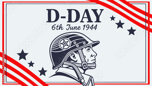 Normandy Landings Memorial Poster with Military Helmet and Stars, D-Day Tribute on June 6, 1944, Generative AI
