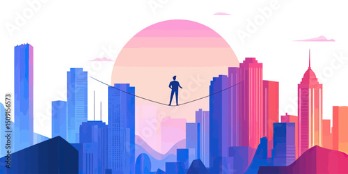 Business man balancing on tightrope between skyscrapers over city skyline at sunset representing risk management and corporate challenge concept vector illustration