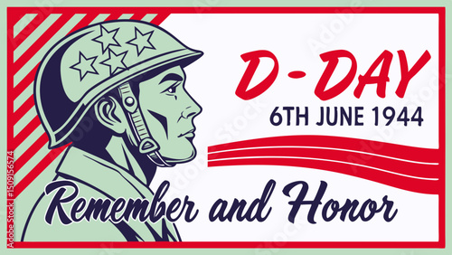 Normandy Landings Memorial Poster with Military Helmet and Stars, D-Day Tribute on June 6, 1944, Generative AI