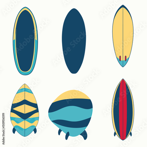 Set of six minimalist flat vector surfboards in top and bottom views with varied shapes and colorful blue, yellow, red patterns and fins for surfing sport and beach lifestyle design elements