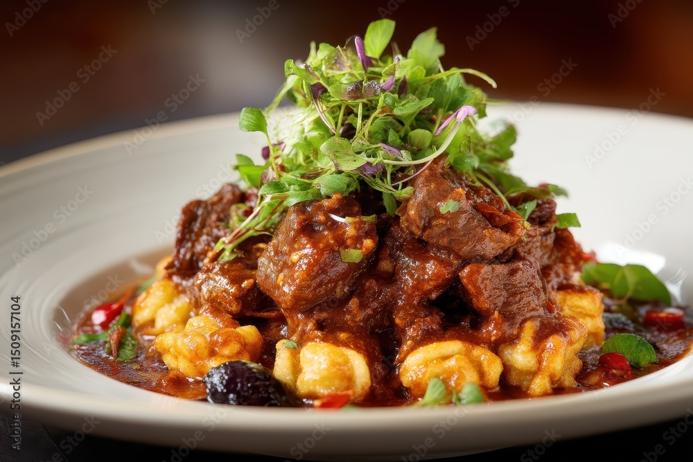 Schmorbraten mit Spätzle und Bratensoße traditionelles deutsches Fleischgericht Rinderschmorbraten auf Eierspätzle garniert mit frischen Kräutern und Paprika deftige Hausmannskost Nahaufnahme Foodfoto Schmorbraten mit Spätzle und Bratensoße traditionelles deutsches Fleischgericht Rinderschmorbraten auf Eierspätzle garniert mit frischen Kräutern und Paprika deftige Hausmannskost Nahaufnahme Foodfoto