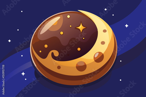 Chocolate dessert in the shape of a moon, with caramel craters, on a background of a starry sky with a soft glow
