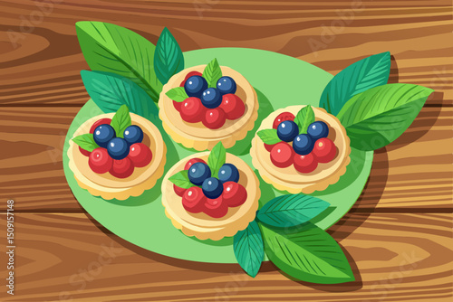 Mini cheesecakes with berry topping arranged in flower shape, against wood texture with green mint leaves