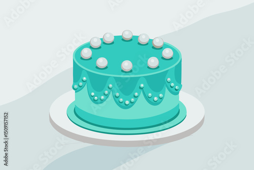Turquoise mirror glaze layered cake decorated with edible pearls, against white marble with water drops