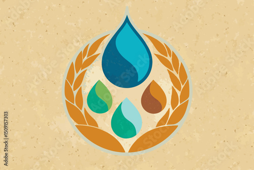 Earth symbol made from multi-colored seeds and grains, against a sand texture with water droplets. Natural diversity and fertility (biodiversity, earth seeds)