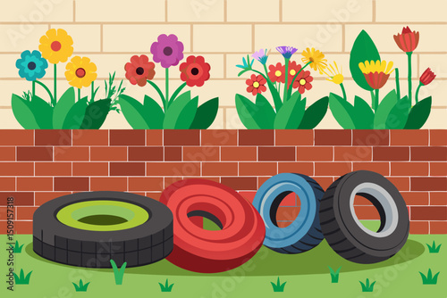 Recycled tires turned into flower beds with colorful flowers against a brick wall texture. Creative use of waste (tire recycling, upcycled garden)