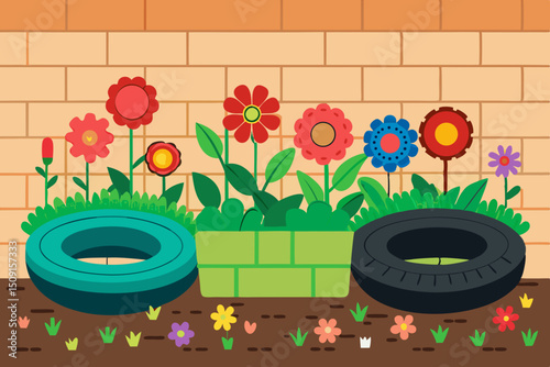 Recycled tires turned into flower beds with colorful flowers against a brick wall texture. Creative use of waste (tire recycling, upcycled garden)