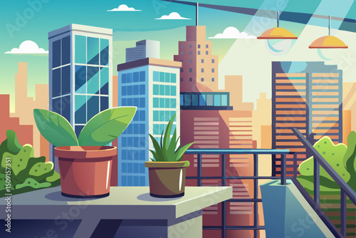 Urban balcony with pots full of greenery and a small solar panel, against the backdrop of skyscrapers in the morning light. Urban sustainability (urban gardening, city sustainability)