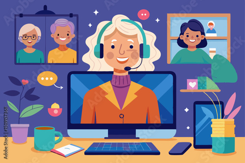 Elderly woman on video call with colleagues, smiling and using headset (video call, work from home, older employee)