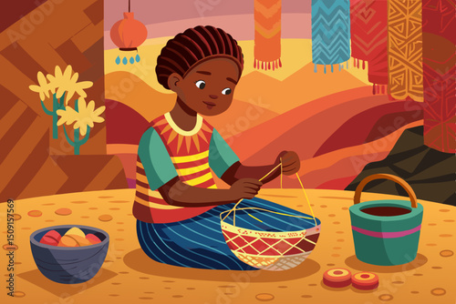 Child in traditional African clothing weaving a basket from colorful threads against a patterned clay wall with emphasis on handcraft details and warm tones