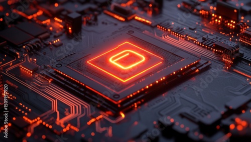 Futuristic technology circuit board with orange glow and intricate designs