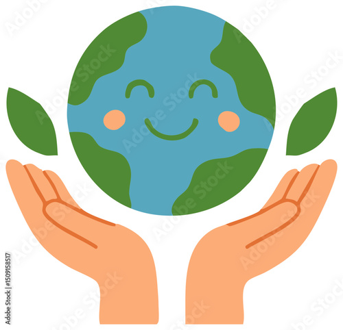 Flat vector illustration sticker of a smiling Earth cradled in open hands with green leaves, symbolizing care for the environment on World Environment Day.

