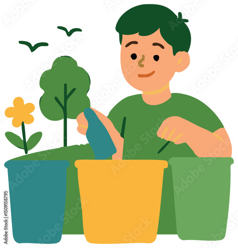 Minimal vector illustration  sticker of a boy sorting waste into colorful bins outdoors, encouraging recycling habits on World Environment Day.
