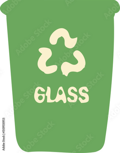 Flat vector illustration of a green glass recycling bin with a white recycling icon, suitable for Earth Day and environmental themes.

