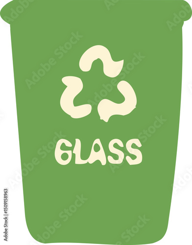 Flat vector illustration of a green glass recycling bin with a white recycling icon, suitable for Earth Day and environmental themes.


