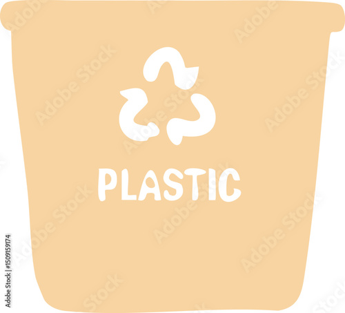 Simple vector silhouette of a plastic recycling bin with black recycling symbol and text, ideal for eco content on World Environment Day.

