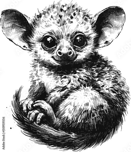 The Mysterious Aye-Aye linework ink sketch hand drawn pen drawing vector illustration background