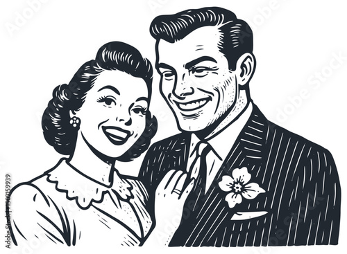Elegant 1950s retro couple smiling. Man in suit with boutonniere, woman in classic dress. Vintage woodcut or engraving style vector. Ideal for wedding.
