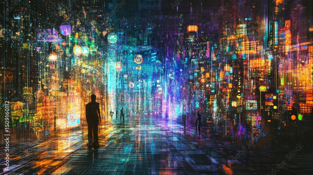 Fototapeta premium Exploring the digital matrix a journey through glowing grids in cyberspace