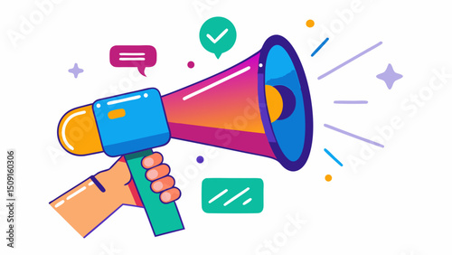 Hand holding megaphone with checkmark and speech bubble on white background