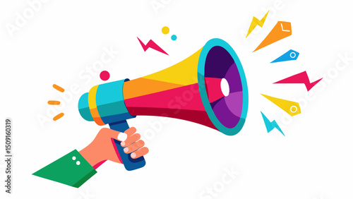 Hand holding colorful megaphone with sound waves for announcement or promotion