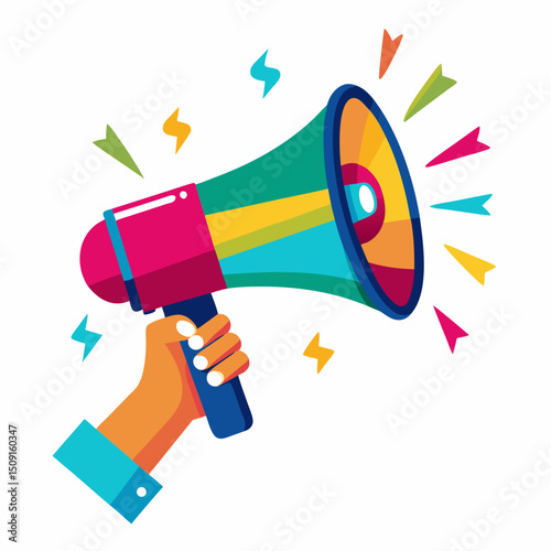 Hand Holding Colorful Megaphone with Confetti Announcing Promoting and Speaking Out Loud