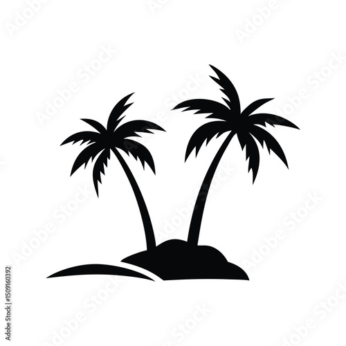 Tropical island paradise with palm tree silhouettes at sunset
