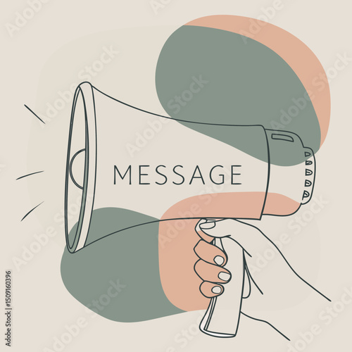 Hand holding megaphone with message text communication and announcement concept