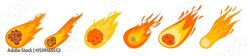 Cartoon asteroid meteor space stone rock fire ball impact doodle. Volcano vector planet vector lava game 