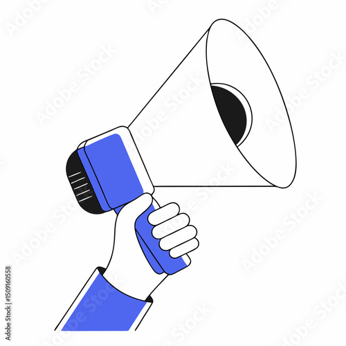 Hand holding megaphone illustration communication and announcement concept blue and white color scheme