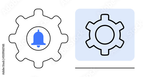 Gear with bell symbol inside represents notifications and settings, shown in bold outline and filled styles. Ideal for app notification, user settings, alert system, automation, software, web design