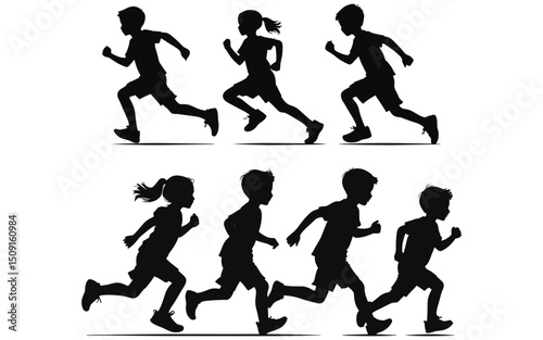 Silhouette Illustration Of Diverse Children Running And Playing Sports Together Cheerfully