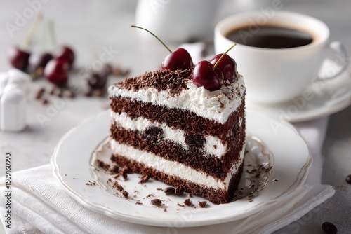Schwarzwälder Kirschtorte Stück traditioneller deutscher Kuchen mit Schokolade Sahne und Kirschen klassische Schwarzwaldtorte Dessert auf Teller Nahaufnahme Food Fotografie festliches süßes Gebäck
