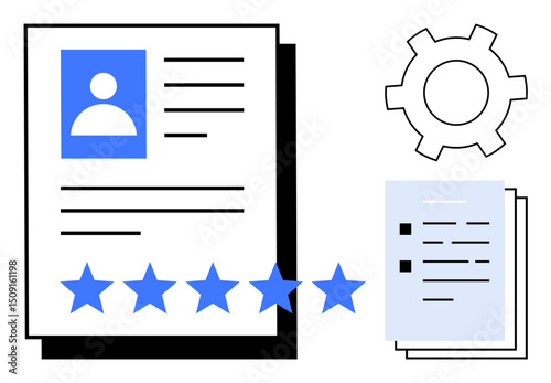 Profile document with photo, details, five rating stars, stacked papers, and gear icon. Ideal for performance review, quality assessment, HR, task management user feedback recruitment simple