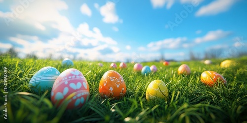 Colorful Easter eggs scattered on green grass under a blue sky with fluffy clouds during a sunny spring day photo