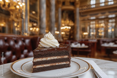 Sacher Torte Slice Served with Cream in Ornate Viennese Coffeehouse
