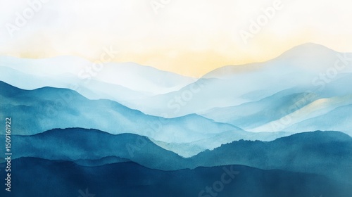Serene blue mountain range at sunrise, hazy layers, calm atmosphere, minimalist art.