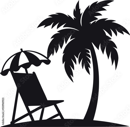 Tropical Beach Scene with Palm Tree and Beach Chair Vector Illustration